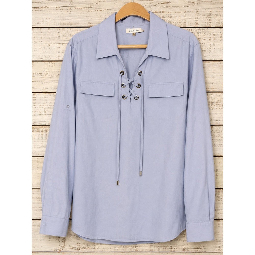 Calvin Klein Womens 3X Blue Lace Up Grommet Roll Tab Sleeve Blouse M7VA0607